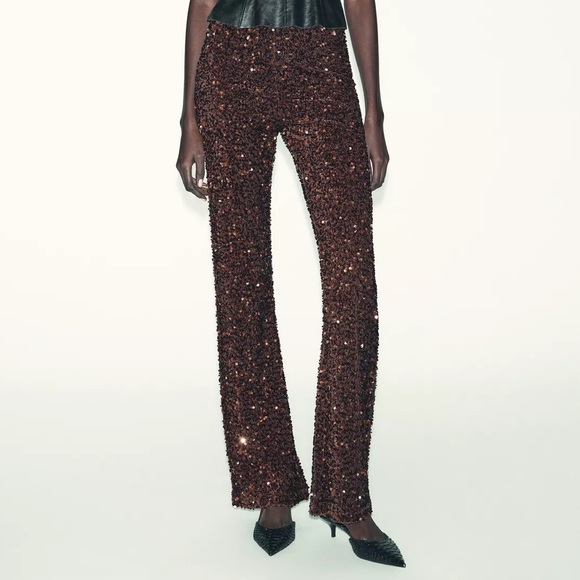 Zara Flare Velvet Sequin Pants / Leggings - Dark Brown - Picture 2 of 7